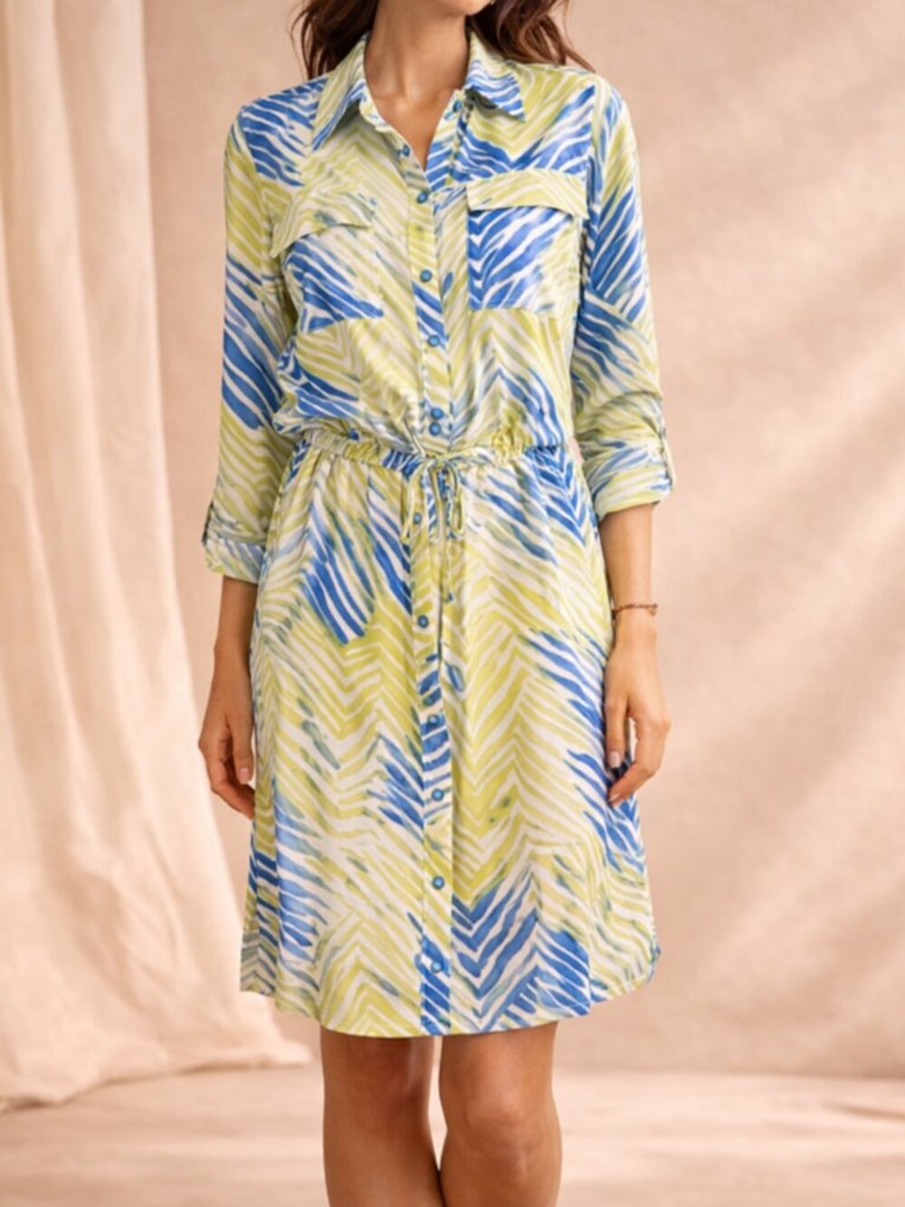 St. John Silk Shirt Dress Green Blue Print Drawstring Waist Size 8